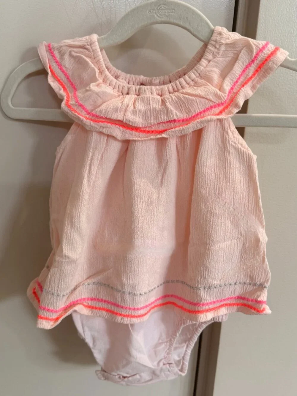 Baby Gap Pink Ruffle Romper with Neon Embroidery 6-12 Months